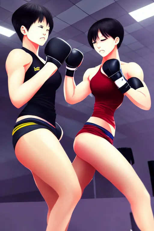 Prompt: two beautiful female fighters with short hair facing each other in the gym, gorgeous features, high definition, sharp focus, detailed anime art, pixiv