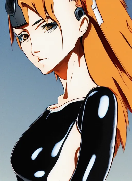 Image similar to Portrait of a female mech pilot in a black latex bodysuit, anime, cel-shaded, highly detailed, monotone, red highlights