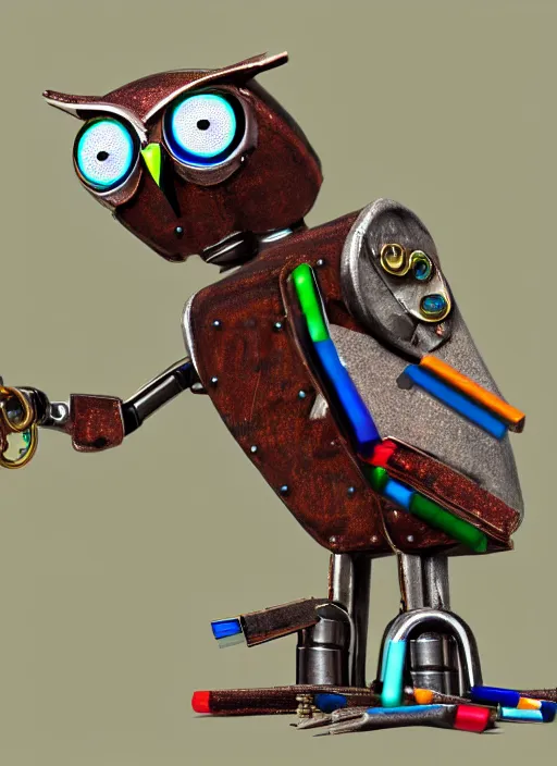 Image similar to colored pencil and pen drawing of an animatronic robot owl, bird made from rusty old keys and padlocks, 8 k photorender realityengine