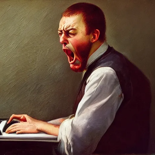 Image similar to an angry man yells at his computer monitor, oil on canvas, 1 8 8 3, highly detailed