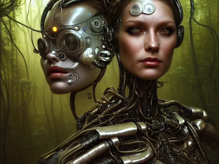 Image similar to portrait shot of a cyberpunk robot woman, in a forest, intricate, elegant, highly detailed, centered, digital painting, artstation, concept art, smooth, sharp focus, illustration, artgerm, tomasz alen kopera, peter mohrbacher, donato giancola, joseph christian leyendecker, wlop, boris vallejo