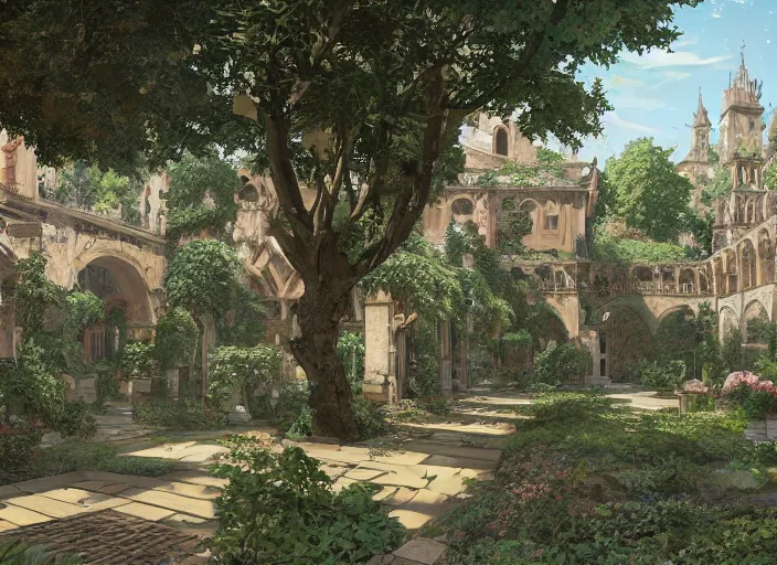 Image similar to environmental illustration of a cloister garden in a late renaissance city | | anime key visual, official media, illustrated by wlop, extremely detailed, 8 k, trending on pixiv, cinematic lighting, beautiful