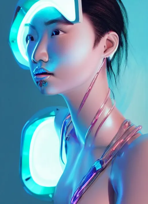 Image similar to an asian female humanoid with freckled cheeks, cyber neon lighting, futurism, intricate futuristic led fashion jewelry, cyberpunk glossy white latex swimwear, profile posing, hyper photorealistic, crispy quality, digital photography, trending in artstation, trending in pinterest, cinematic, 4 k ultra hd, art by pascal blanche, art by greg rutkowski,