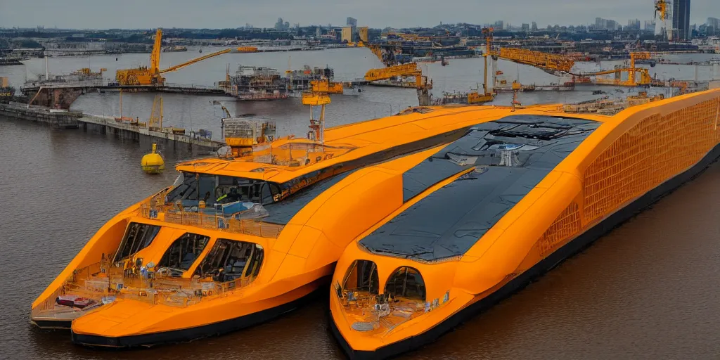 Image similar to futuristic barge ship, yellow - orange color, wide - angle lens, dramatic lighting, cool marketing photo