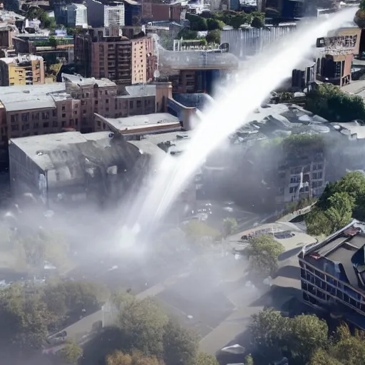 Prompt: a giant vacuum cleaner attacks a city