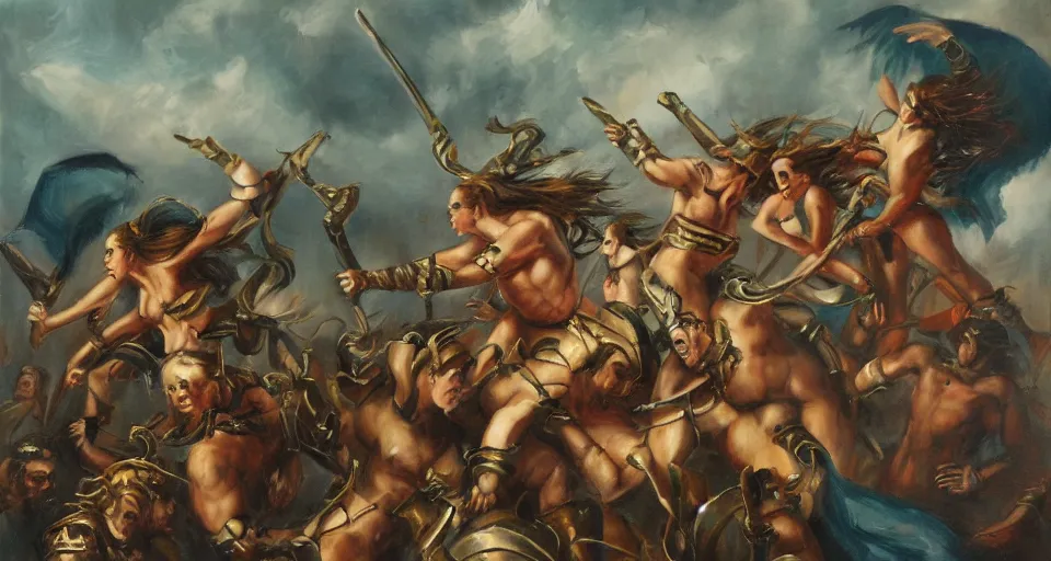 Prompt: A party of amazons battling a hydra, oil painting