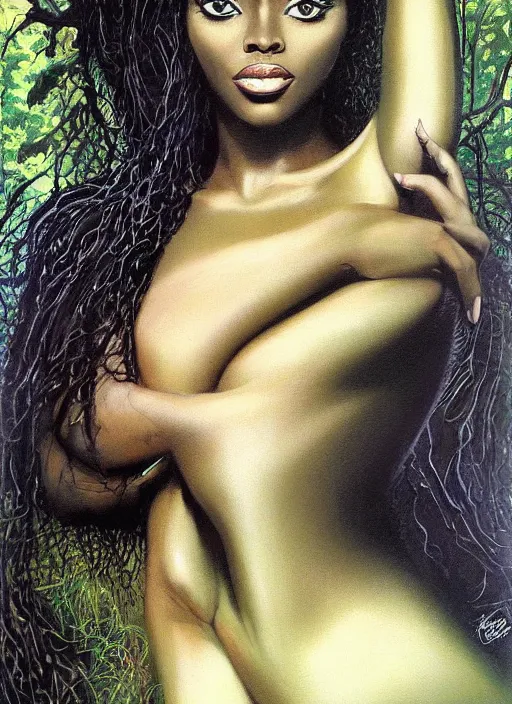 Image similar to portrait african princess, black iron crown, diamond shimmering dress, strong line, deep color, forest, beautiful! coherent! by boris vallejo, by brian froud