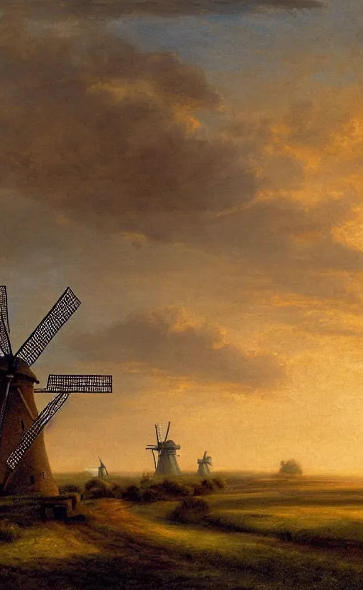 Image similar to a beautiful landscape in the netherlands with a windmill at sunset, in the style of francis danby