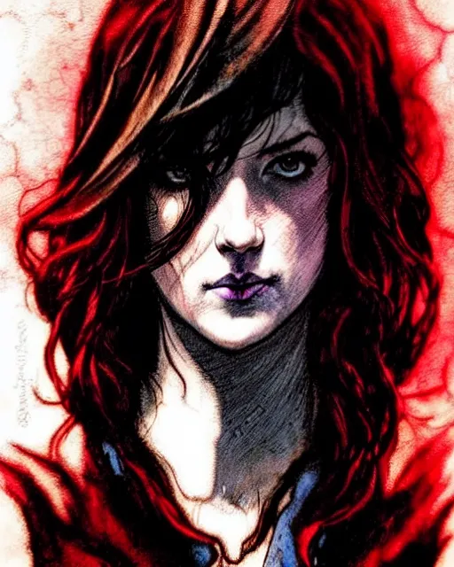 Image similar to style of arthur rackham, artgerm, rafael albuquerque, steve niles : : gorgeous mary elizabeth winstead : : evil sorceress, swirling black magic, black dress : : symmetrical face, symmetrical eyes : : full body pose : : gorgeous red hair : : cinematic lighting : :