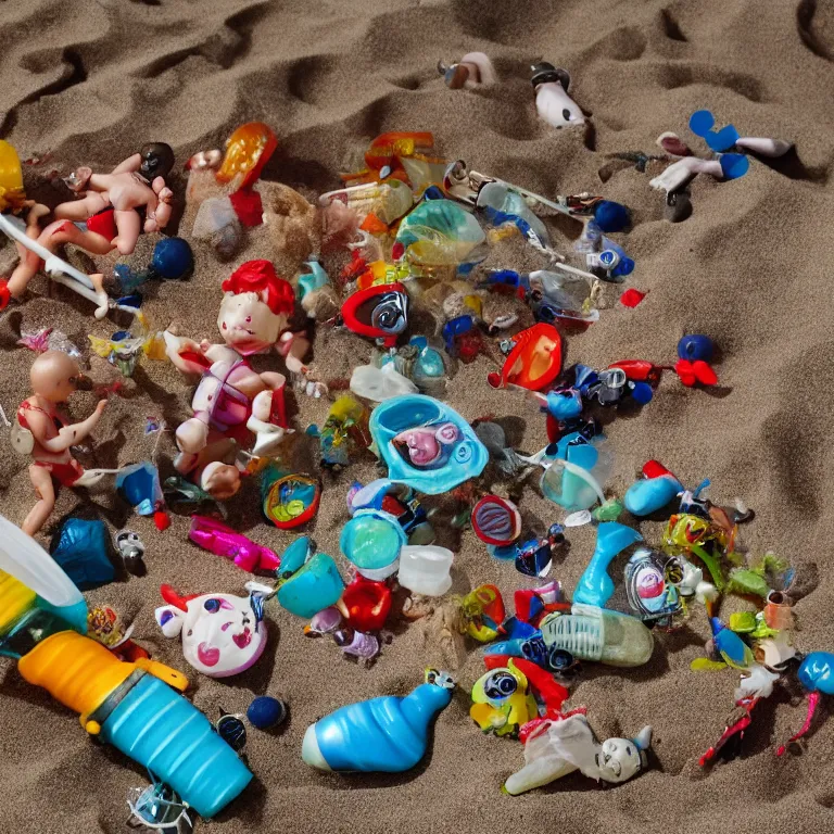 Image similar to surreal hyperrealistic photograph of a beach, toy dolls and parts of toy dolls strewn about, shot toward the ocean