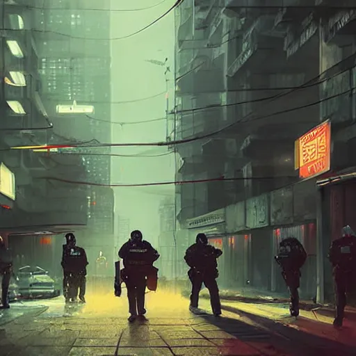 Prompt: police in the streets of cyberpunk warsaw, ethereal lighting, haze, night time, michal lisowski, marthe jonkers