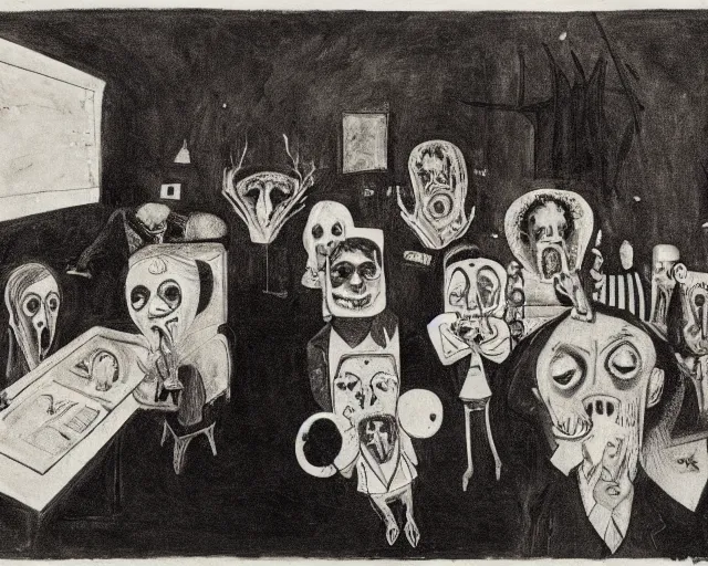 Prompt: the horror of beaurocracy, papers, horror, desks, office, waiting, stress, frustration, anger, crowded, harsh cinematic lighting, high qulity, 4 k, by charles addams and hilma af klint and affandi