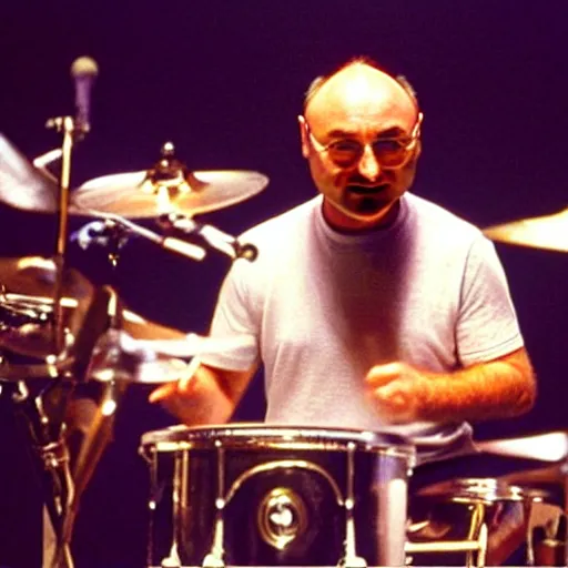 Prompt: !dream a beautiful photo of Phil Collins as a Muppet, playing drums,