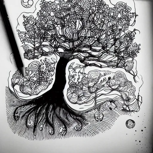 Image similar to black and white ink doodle illustration of an ancient tree floating in outer space, overgrown with funghi, style by peter deligdisch, peterdraws