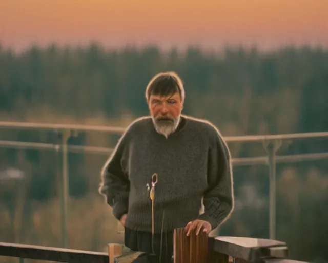 Image similar to award - winning lomographic tarkovsky film still of 4 0 years russian man with beard and sweater standing on small hrushevka 9 th floor balcony in taiga looking at sunset, cinestill, bokeh