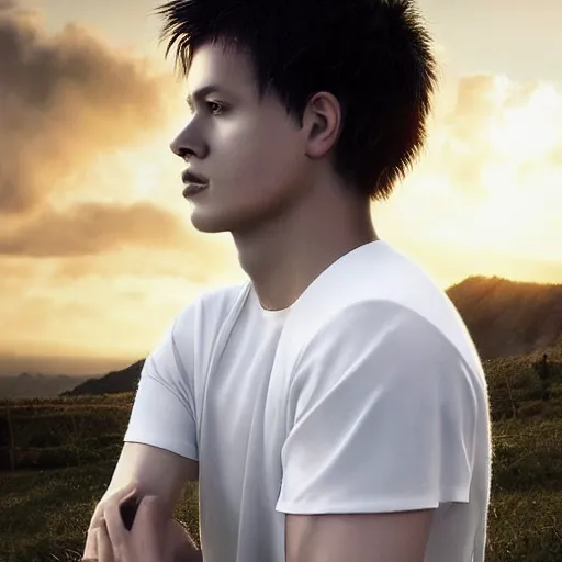 Image similar to a portrait of a young handsome prince, white fringy hair, white shirt, black tunic, smooth, epic clouds, beautiful landscape, backlit, incredible lighting, strong rim light, highly detailed, god rays, digital painting, HDRI, by Heise Jinyao, Heise-Lian Yan Fang, Feimo, Richard Taddei, vivid colors, high contrast, 8k resolution, intricate, photorealistic