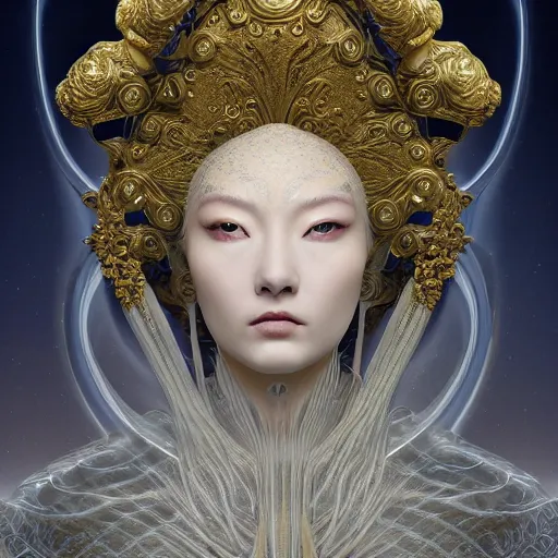 Prompt: Biomorphic ethereal tsarina with cosmic gaze portrait photograph, in the style of Kanjuro, insanely detailed and intricate, golden ratio, realistic 3D, hyper-realistic, super detailed, realistic octane render, 8K, fashion photography, by Chris Cunningham, Johnathan Glazer