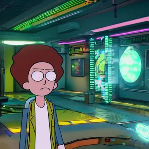 Image similar to Rick and Morty in cyberpunk 2077 unreal engine 5 8k hyperdetailed photorealism