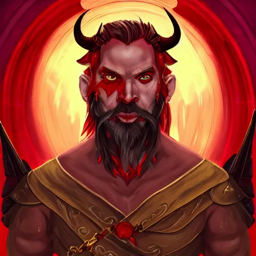 Image similar to dnd style portrait of a tiefling, male, red scales, red skin, a big black beard, completely golden eyes, 2 black ram horns growing out of his forehead,