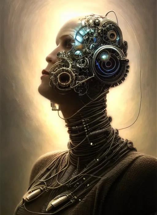 Prompt: portrait shot of machine that creates humans in a scenic dystopian environment, intricate, tubes and cables, elegant, highly detailed, centered, digital painting, artstation, concept art, smooth, sharp focus, illustration, artgerm, tomasz alen kopera, peter mohrbacher, donato giancola, joseph christian leyendecker, wlop, boris vallejo