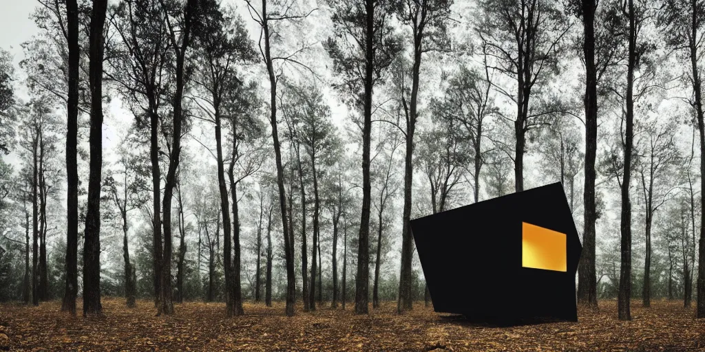 Image similar to a black cube minimalist house in the woods and empty woods, 8k, fantasy, hyper realistic, dramatic lighting, cinematic