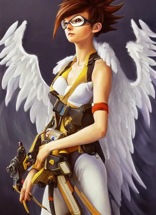 Image similar to full body oil painting of tracer overwatch in the style of sophie anderson, angel wings, white dress, dramatic painting, symmetrical composition, ornate, high detail, gold detailed collar, blooming, lights, flowers,