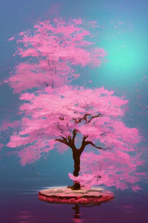 Image similar to a single alone sakura tree growing upon an island in a lake, cherry blossoms, illustration, light beams, simple, minimalist, digital art, oil painting, fantasy, 8 k, trending on artstation, detailed