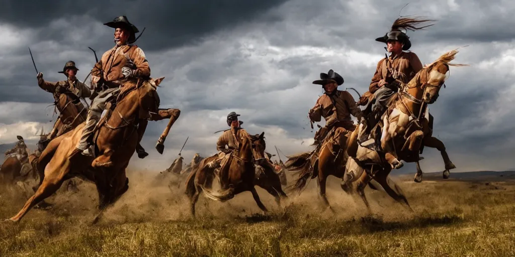 Image similar to promotional movie still of an action shot from the battle of little bighorn, majestic horses, desperate action, dramatic natural light, hdr, cinematic, extremely high detail, photorealistic, cinematic lighting, 4 k, 8 k, imax 7 0 mm, iso 4 0 0, hq