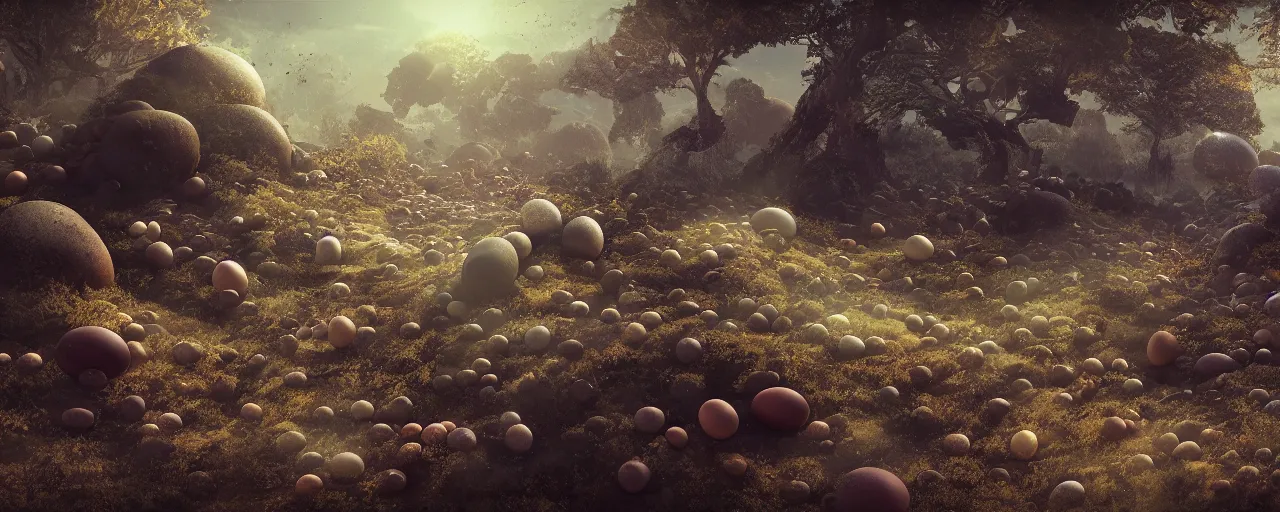 Image similar to ” louter planet with strange and mysterious eggs and larvae, [ cinematic, detailed, epic, widescreen, opening, establishing, mattepainting, photorealistic, realistic textures, octane render ] ”