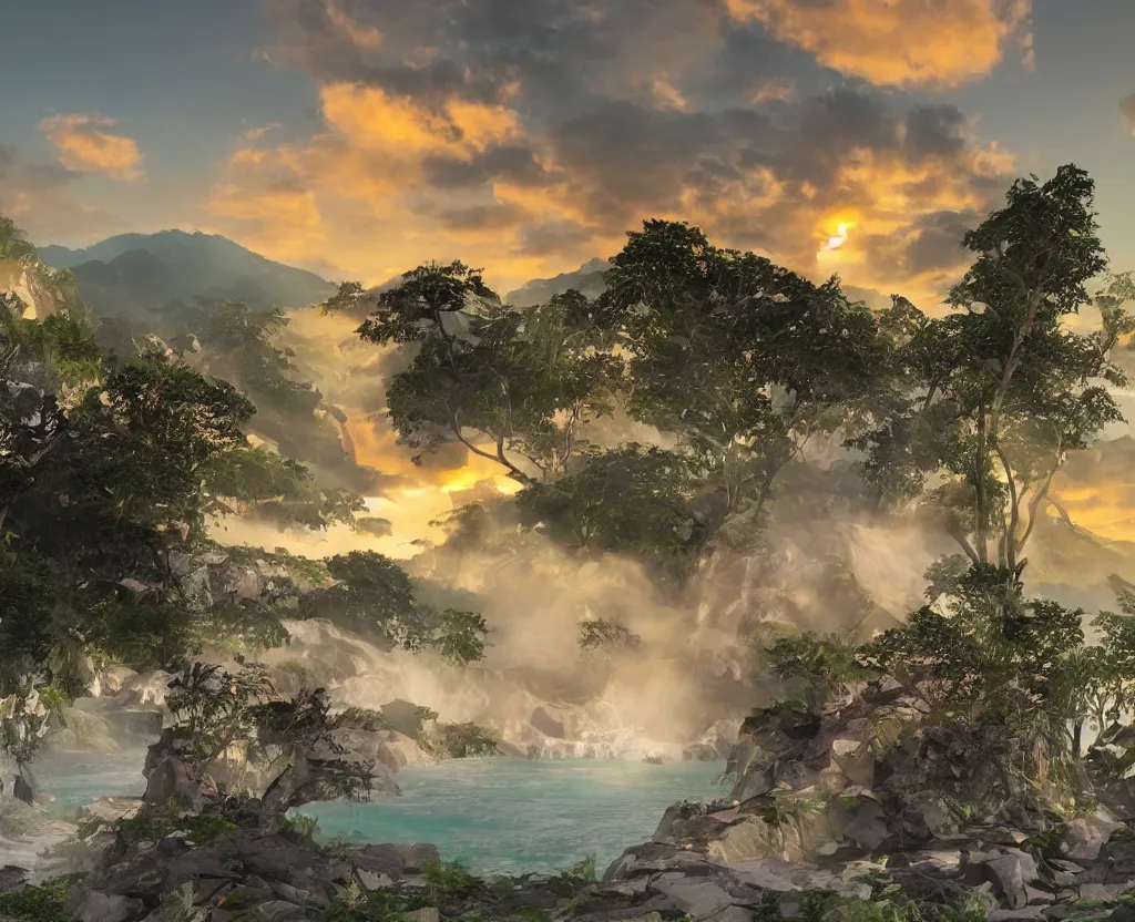 Image similar to a low-poly render of a big purple hand holding the orange setting sun on the ocean horizon. a green tinted transparent beckoning lady in front of a waterfall. a cream colored abandoned building featuring two statues and pitch black periphery. a prehistoric jungle scene with a mountain in the background.