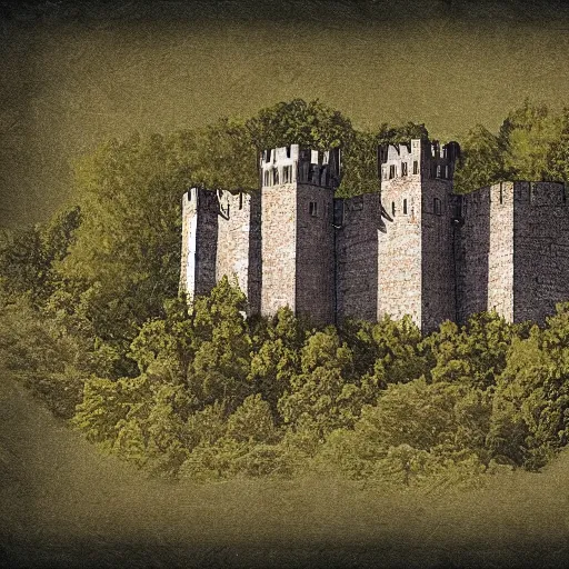 Prompt: a medieval fortress surrounded by woodland, digital art