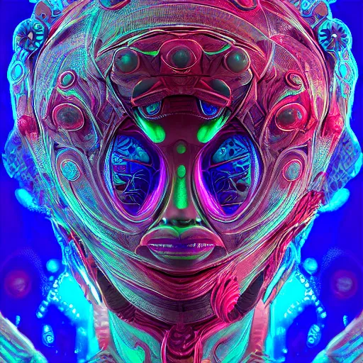 Prompt: Face of a Alien Deity, centered, corals, plume made of geometry, extremly detailed digital painting, sharp focus in the style of android jones, artwork of a futuristic artificial intelligence superstar with frames made of detailed circuits, mystical colors, rim light, beautiful lighting, 8k, stunning scene, raytracing, octane, under water visual distortion, dark tones colors, trending on artstation