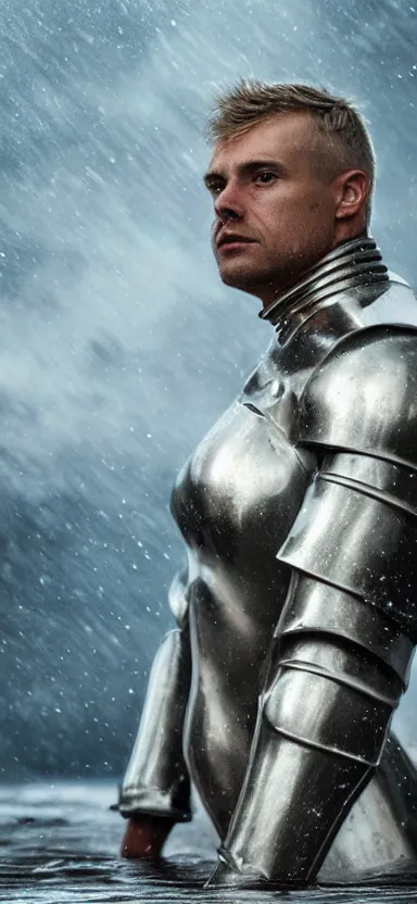 Image similar to suit of armor, made of liquid, made of water, rising up from ocean, water armor, norway fjord, medium close up portrait, studio lighting, stormy seas, beautiful, bokeh, snowy, storm clouds, god rays, d & d, fantasy, elegant, low key color palette, concept art, roger deakins and greg rutkowski and alphonse mucha