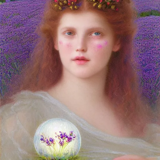 Image similar to a girl with three eyes on 5 translucent luminous spheres, full of floral and berry fillings, in an ocean of lavender color by edward robert hughes, henry justice ford