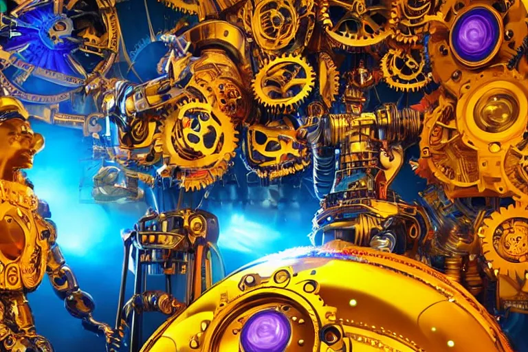 Prompt: scene is elrow party in space in ibiza, portrait photo of a giant huge golden and blue metal steampunk robot, with gears and tubes, eyes are glowing red lightbulbs, shiny crisp finish, 3 d render, 8 k, insaneley detailed, fluorescent colors, haluzinogetic, background is multicolored lasershow