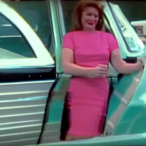 Prompt: vintage 90s VHS video still of a woman on a commercial promoting a new 90s car, realistic photo