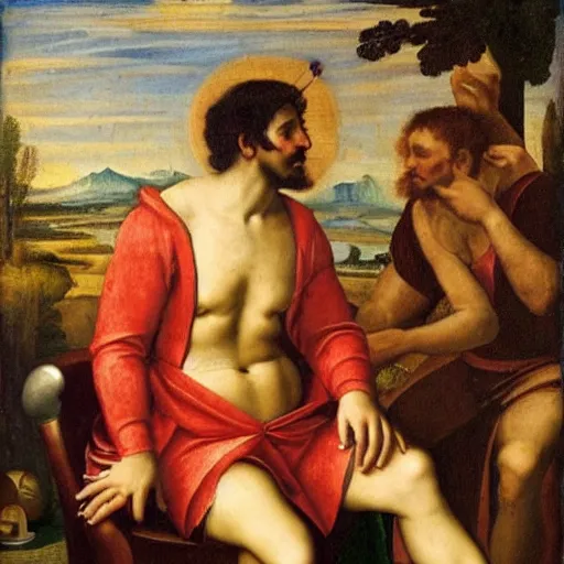 Image similar to renaissance painting of greek god eros who is a clown, has hurt his knee, sitting in a chair and is watching the game on tv, beer in hand