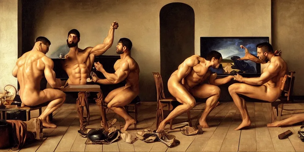 Prompt: beautiful oil matte portrait painting, bodybuilders playing video games, wonderful masterpiece highly detailed, beautiful cinematic light deep focus, elegant, digital painting, smooth, sharp focus, golden ratio, dramatic illumination, ultra realistic, 8 k, art by artemisia lomi gentileschi and caravaggio