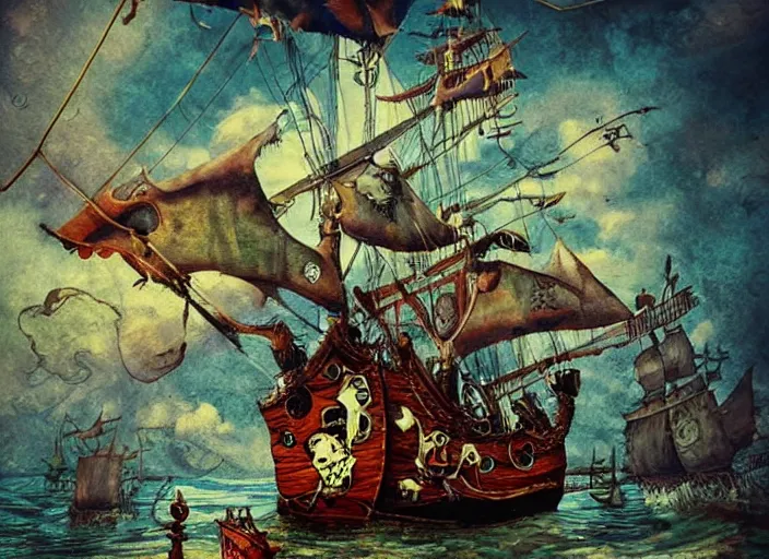 Image similar to pirate ship, amazing background, 3 - d, highly details, lowbrow, in the style of alexander jansson,