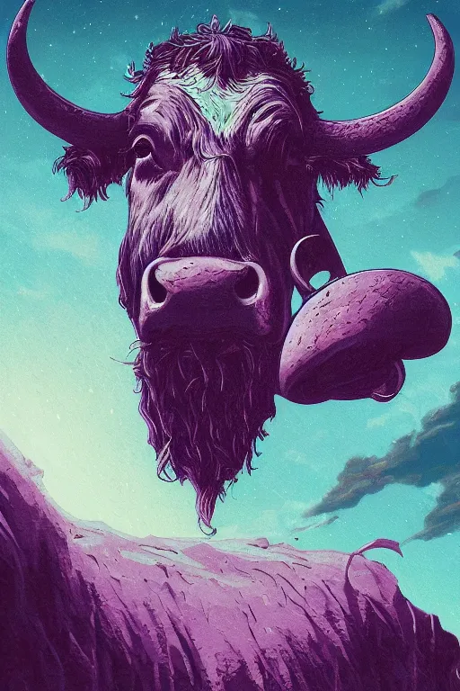 Image similar to portrait of cow herald in the style of Rob Lefield and Dan Mumford , trending on artstation, digital art,surrealism ,macro,blueprint ,vaporwave ,