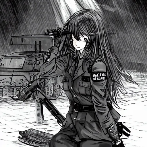 Prompt: manga style, black inking, modern warfare, portrait of a girl under artillery fire, trench sandbags in background, soldier clothing, long hair, hair down, symmetrical facial features, comic page, trending pixiv, black shadow patterns, by akihito yoshitomi, akiko higashimura
