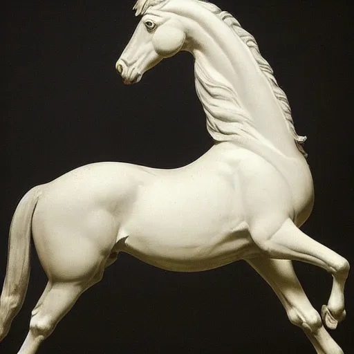 Prompt: an excited white horse standing up on its hind legs in the style of jacques - louis david