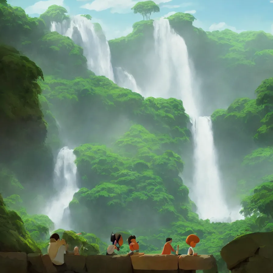 Image similar to Goro Fujita illustrating Front view of a gigantic waterfall surrounded by the Amazon, there are no animals or people, only vegetation, concept art, sharp focus, ArtStation