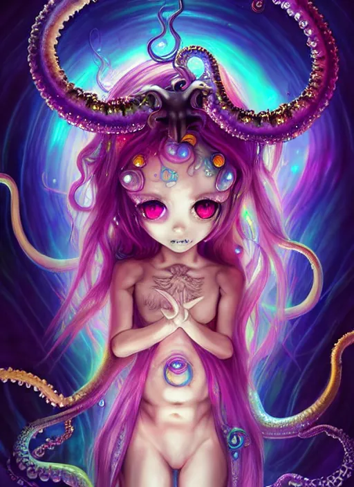 Image similar to A full shot of a chibi girl from the Abyss covered in opals and oil. Symmetrical. Underwater. Dark foreboding Atmosphere. Sailor Moon. Tentacles. Kawaii. Rainbows. Demon Horns, Angel Wings, By Lisa Frank and HR Giger and Ross Tran and ArtGerm and WLOP. Key Art. Fantasy Illustration. award winning, Artstation, intricate details, realistic, Hyperdetailed, 8k resolution. Photoreal. Octane Render.