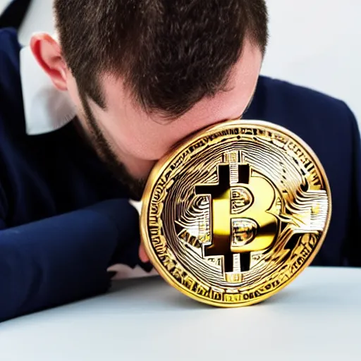 Image similar to a man licks a bitcoin, awkward, studio photo, award winning