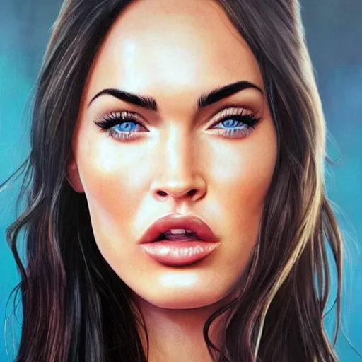 Image similar to megan fox closeup of face. using tongue to lick lips. hyperrealistic portrait, photo realistic, poster, artstation, volumetric lighting, digital art, very detailed face by magali villeneuve