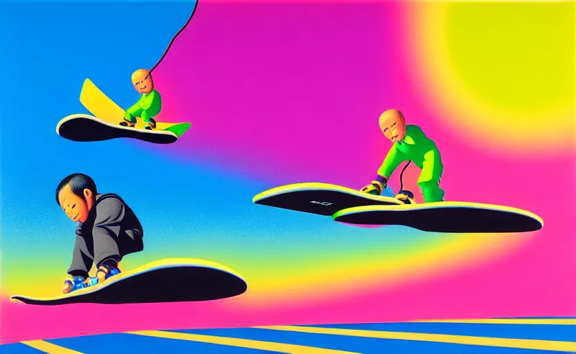 Image similar to flying skate boards by shusei nagaoka, kaws, david rudnick, airbrush on canvas, pastell colours, cell shaded!!!, 8 k