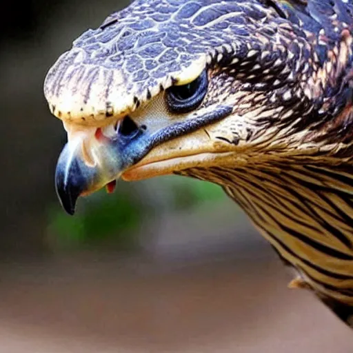 Image similar to hawk and crocodile morphed together, half crocodile, half hawk, real picture taken in zoo, realistic hawk proportions, head of crocodile is seamlessly merged with hawk