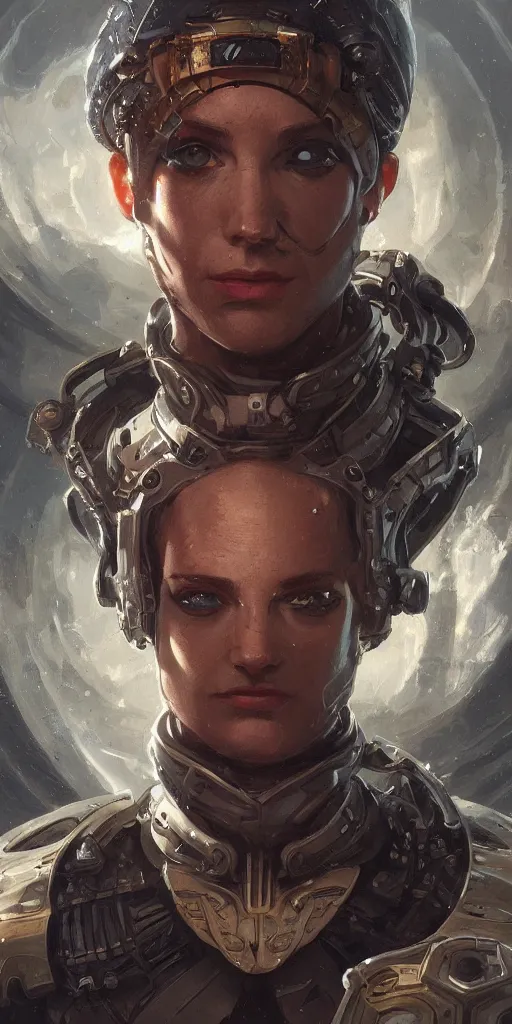 Image similar to scifi character portrait Painting of a futuristic captain from, warhammer , dystopian mood, intricate, wild, highly detailed, digital painting, artstation, concept art, smooth, sharp focus, illustration, art by artgerm and greg rutkowski, and alphonse mucha