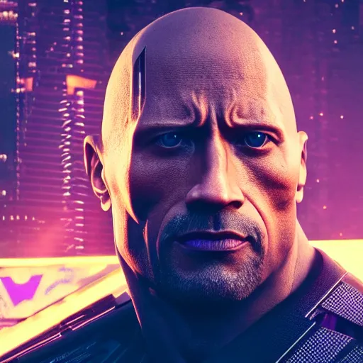 Prompt: dwayne johnson half - robot, cyberpunk 2 0 7 7, photorealistic, ultra detailed, neon, octane, bokeh, cinematic lighting, cyber, cyberpunk city, studio quality, feature, scars, cyberface, 8 k